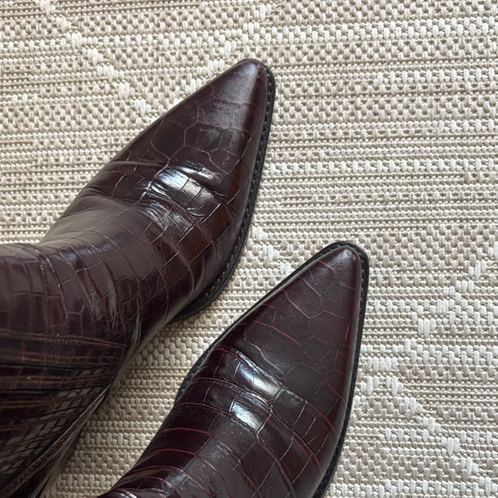 Zara Burgundy Croc-Embossed Leather Ankle Boots - Picture 10 of 10